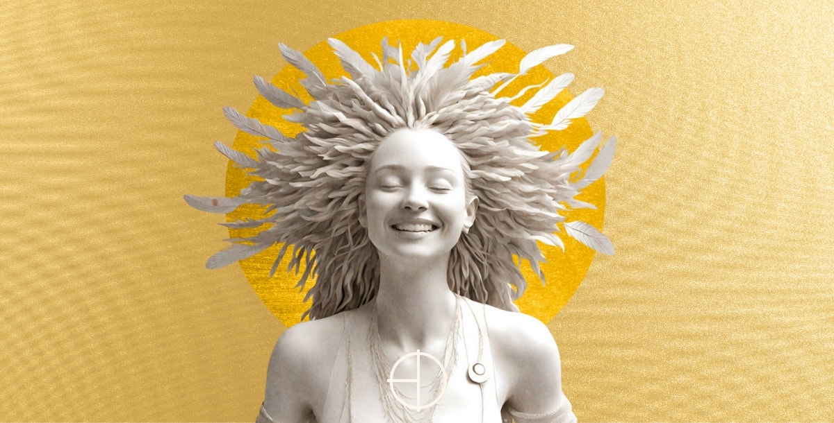 femeie extatica cu coroana de pene simulare digitala Emilitopia Design